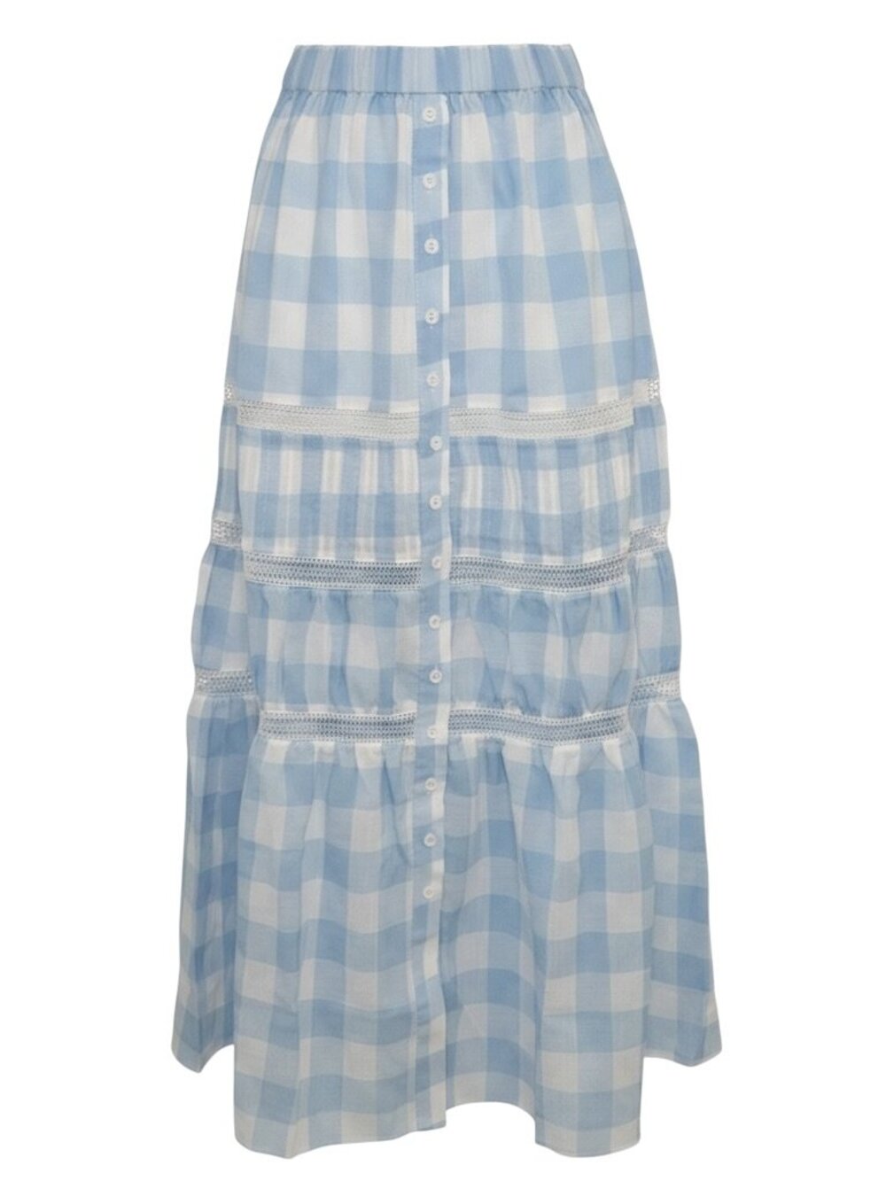 OPT One Pretty Time Blue Gingham Lace Tiered Maxi Skirt NWT Small